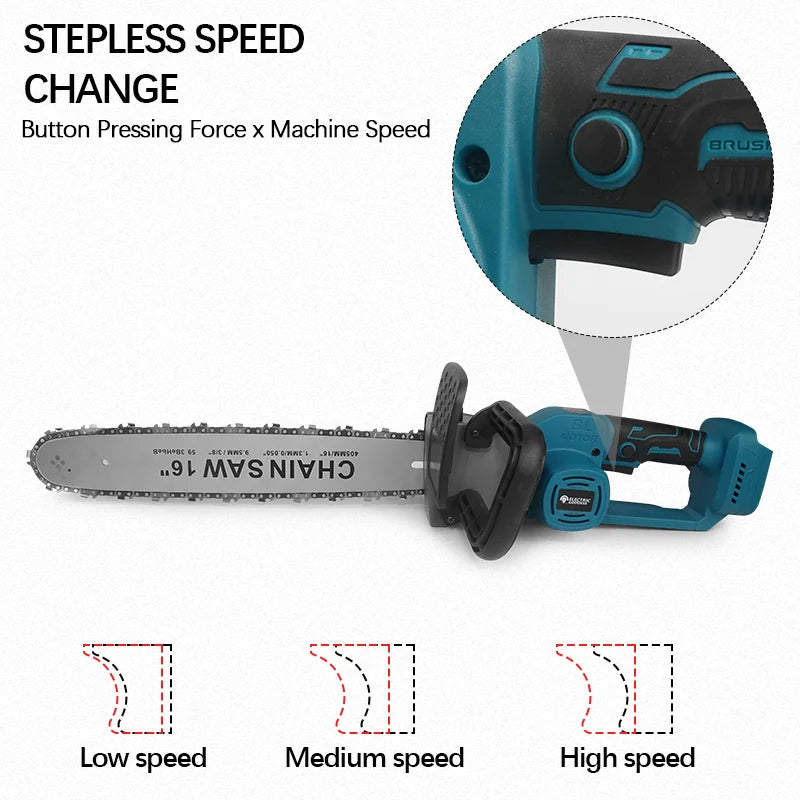 Sierra de cadena eléctrica sin escobillas Electric Goddess de 16 pulgadas, herramienta eléctrica de mano para cortar madera, compatible con batería Makita de 18 V.