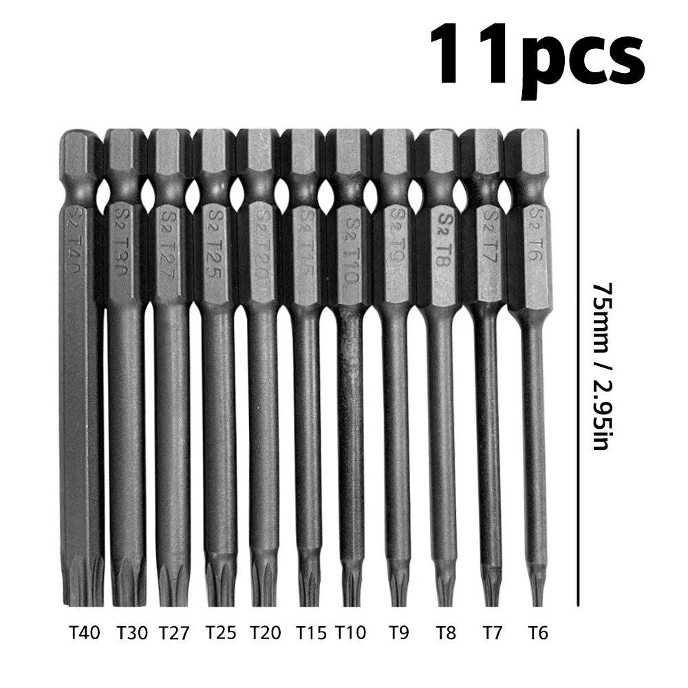 Juego de destornilladores de cabeza de seguridad Torx para coche, adaptador de extensión magnético, broca hexagonal de estrella para taladro eléctrico de coche, 11/12 piezas