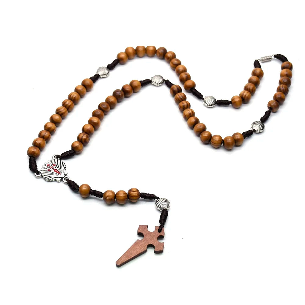 QIGO Santiago Shell Rosary Necklace Wood Beads Strand Chain Religious Jewelry