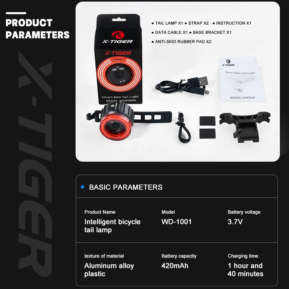 X-TIGER Bicycle Taillight Bicycle Smart Auto Brake Sensing Light Waterproof LED Charging Cycling Taillight Warn Bike Rear Light