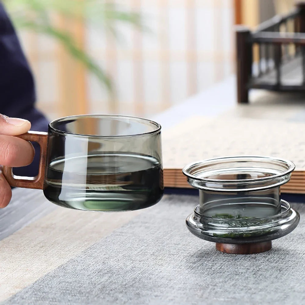 Wooden Handle Glass Teacup With Lid With Filter Cup Tea Water Separator Heatproof Kung Fu Tea Set Office Teacup