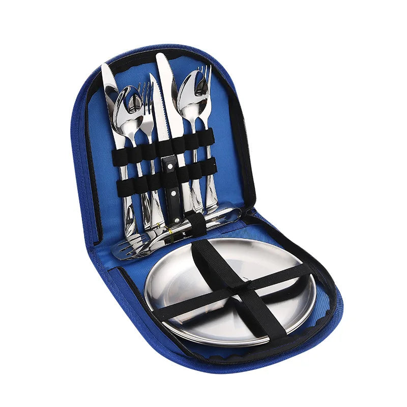 Stainless Plate Spoon Knife Fork Tong Outdoor Camping Cutlery with Storage Box 10Pc Picnic Portable Set Camping Hiking Tableware