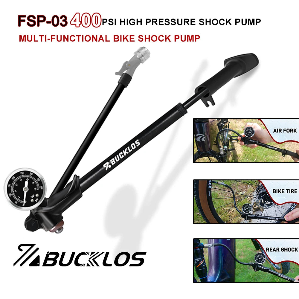 BUCKLOS 400PSI Bicycle Shock Pump MTB Road Bike Aluminum Alloy One-click Deflate Function Air Pump For Air Fork/Tire/Shock Pump