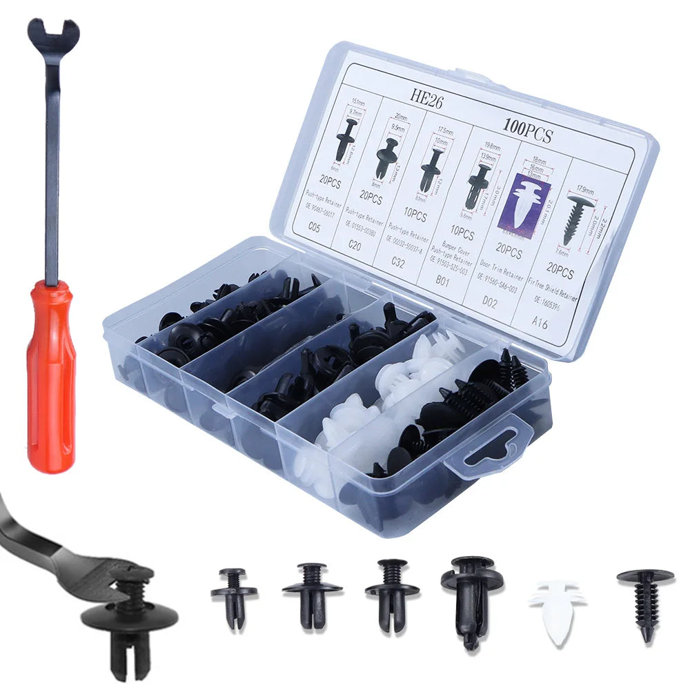 100Pcs Clips de retención de parachoques, clips para automóvil, remaches de plástico, sujetadores, kit de retención a presión, el más popular, juego de remaches de pasador de empuje para automóvil de 6 tamaños.