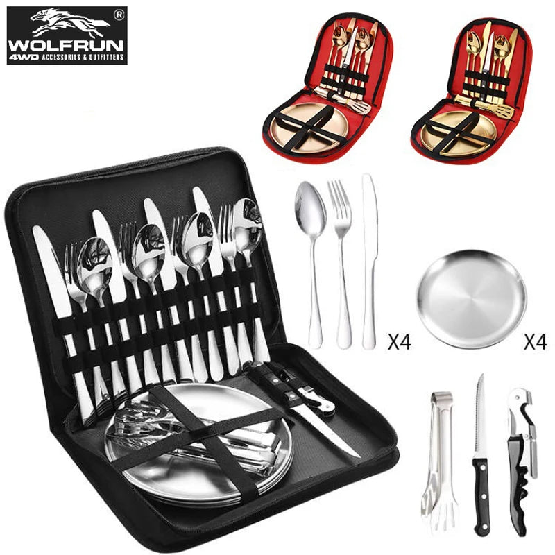 Stainless Plate Spoon Knife Fork Tong Outdoor Camping Cutlery with Storage Box 10Pc Picnic Portable Set Camping Hiking Tableware
