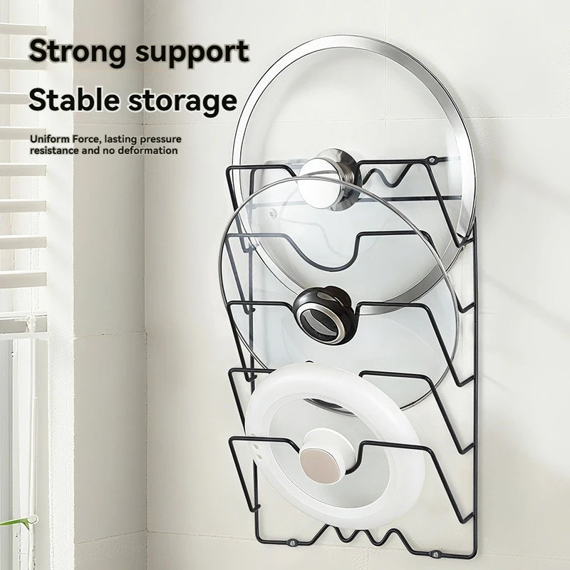 Estante multifuncional de pared para tapas de ollas, perforado con cinco capas, para cocina doméstica.