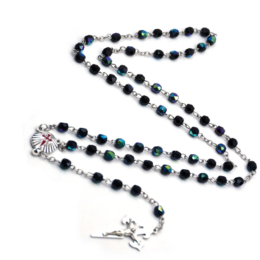 Santiago Rosary Necklace Long Metal Shell Cross Pendant Crystal Beads For Men Women