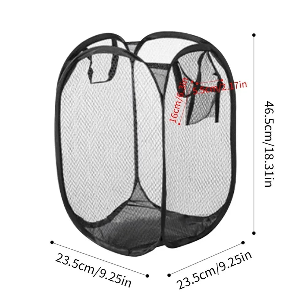 Cesto de ropa sucia plegable de malla portátil, de apertura amplia, transpirable, plegable, ahorra espacio, ideal para dormitorio, viajes, artículos de baño.