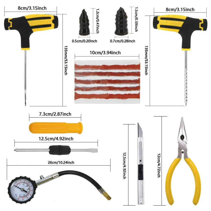 PWS Kit de reparación de neumáticos de coche nuevo, herramientas para tapones de pinchazos, emergencia para pinchazos de neumáticos, tiras universales para neumáticos, kit de herramientas de reparación con pegamento para
