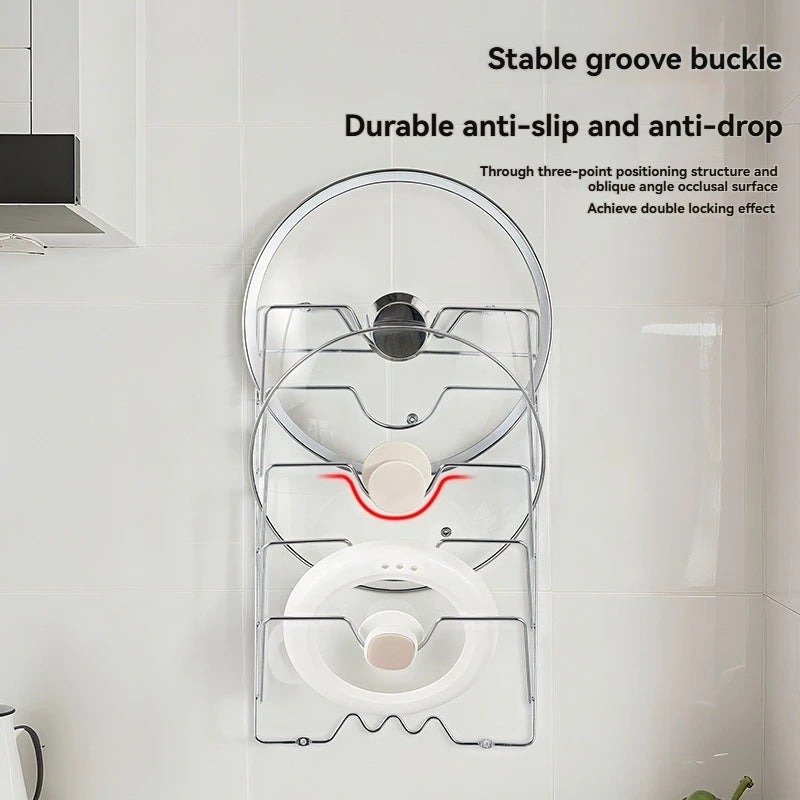 Estante multifuncional de pared para tapas de ollas, perforado con cinco capas, para cocina doméstica.