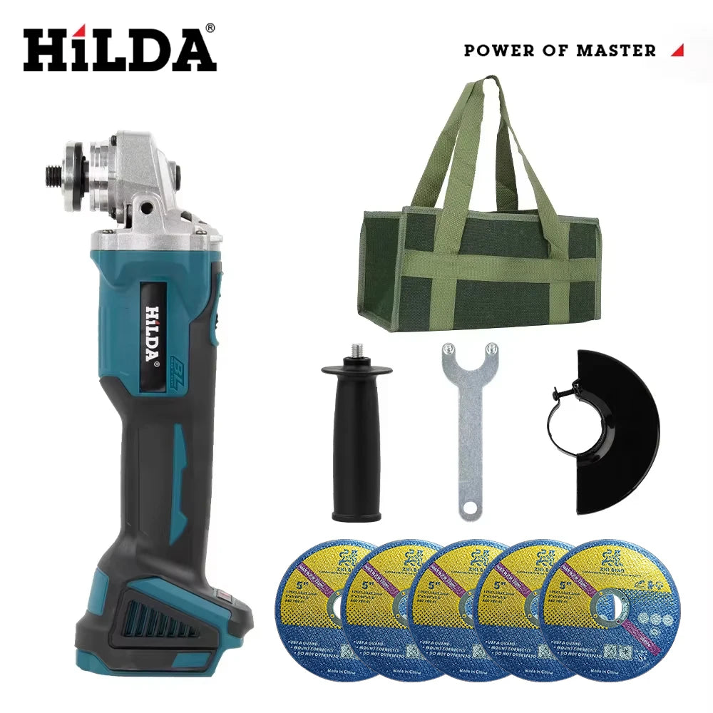 HILDA 21V Brushless Angle Grinder Brushless Polishing Machine Handheld Rechargeable Electric Power Tools for Makita Battery