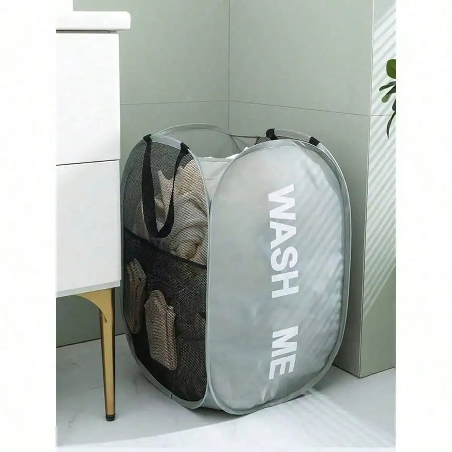 1pc Foldable Mesh Laundry Hamper With Handle Popup Dirty Clothes Basket WASH ME/LAUNDRY DRY for Bathroom Household