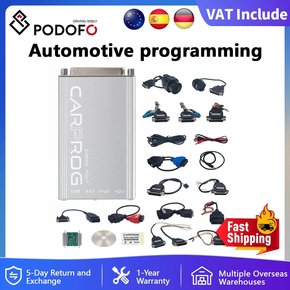 Podofo Carprog 13.77 - Juego completo con 21 adaptadores, programador de coche, generador de claves gratuito, herramienta de reparación de airbag, radio, tablero y ECU, programador en línea