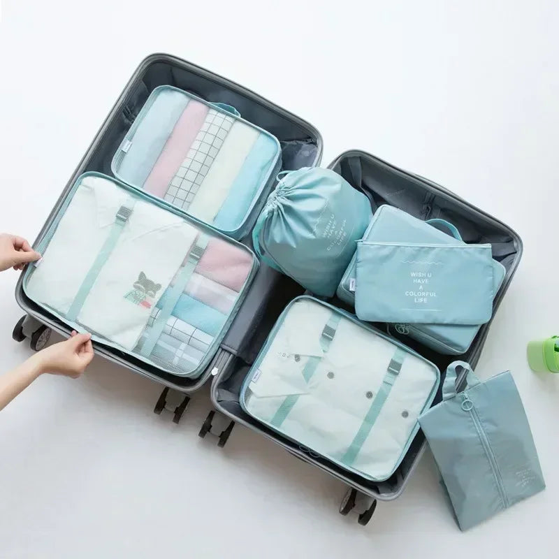 7PCS Conjunto de bolsa de viaje, zapatos, ropa, bolsas de almacenamiento, organizador de equipaje, cubos de embalaje, conjunto de bolsas portátiles para dormitorios de estudiantes, ropa.