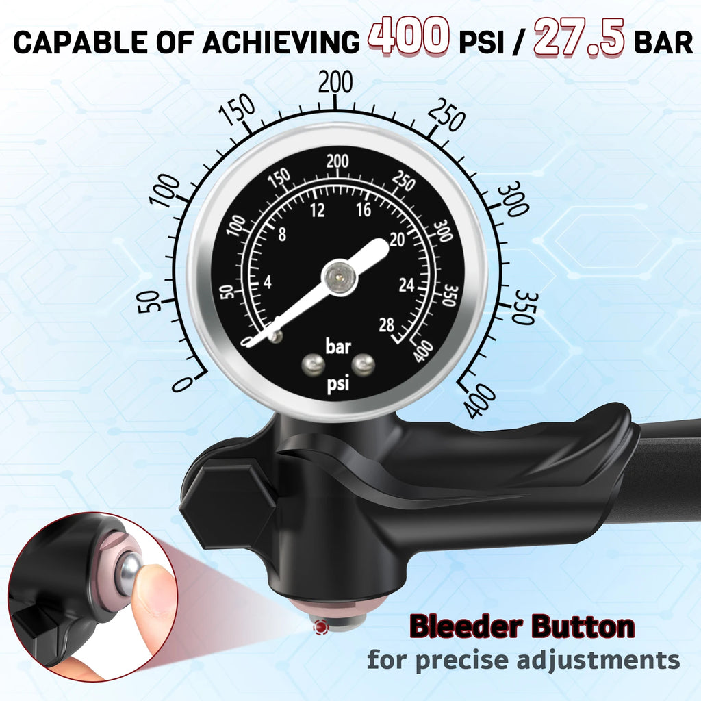 BUCKLOS 400PSI Bicycle Shock Pump MTB Road Bike Aluminum Alloy One-click Deflate Function Air Pump For Air Fork/Tire/Shock Pump