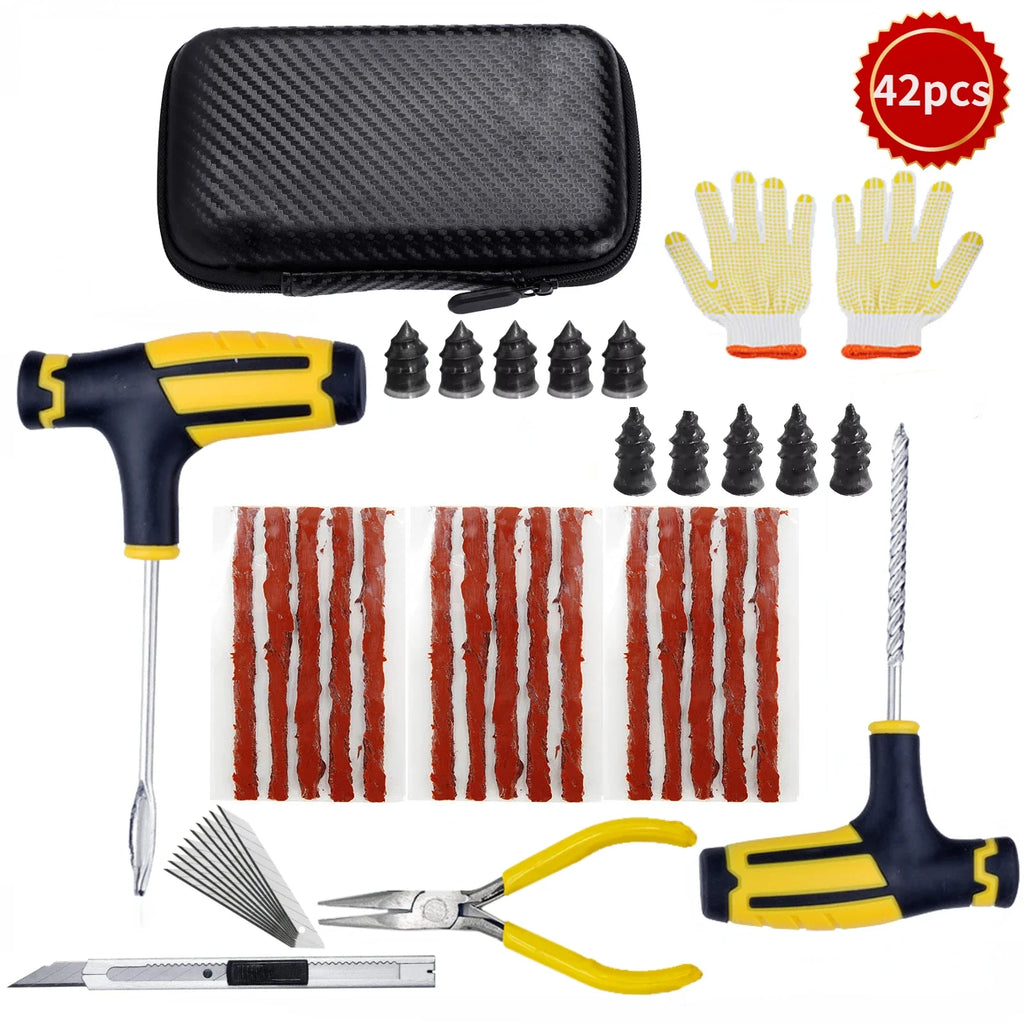 PWS Kit de reparación de neumáticos de coche nuevo, herramientas para tapones de pinchazos, emergencia para pinchazos de neumáticos, tiras universales para neumáticos, kit de herramientas de reparación con pegamento para