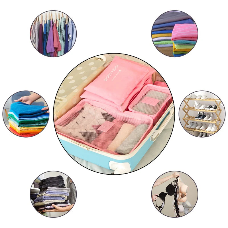 6pcs Organizador de viaje, bolsas de almacenamiento, organizador de maletas de viaje portátil, bolsa de viaje para mujeres, organizador de equipaje, bolsa de ropa y zapatos.