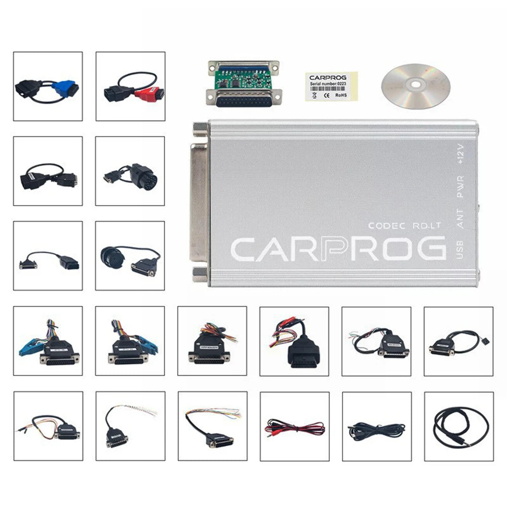 Podofo Carprog 13.77 - Juego completo con 21 adaptadores, programador de coche, generador de claves gratuito, herramienta de reparación de airbag, radio, tablero y ECU, programador en línea