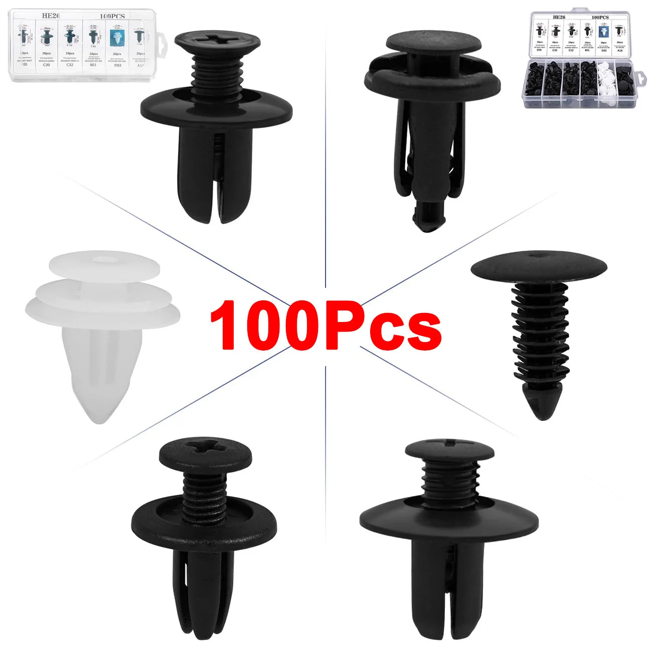100Pcs Clips de retención de parachoques, clips para automóvil, remaches de plástico, sujetadores, kit de retención a presión, el más popular, juego de remaches de pasador de empuje para automóvil de 6 tamaños.