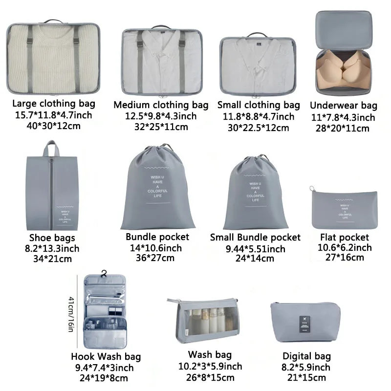 Bolsas de almacenamiento para viajes, ropa, artículos de tocador digitales, zapatos, organizadores, dormitorios de estudiantes, bolsas de clasificación de ropa, cubos de embalaje.