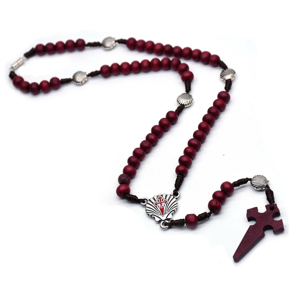 QIGO Santiago Shell Rosary Necklace Wood Beads Strand Chain Religious Jewelry