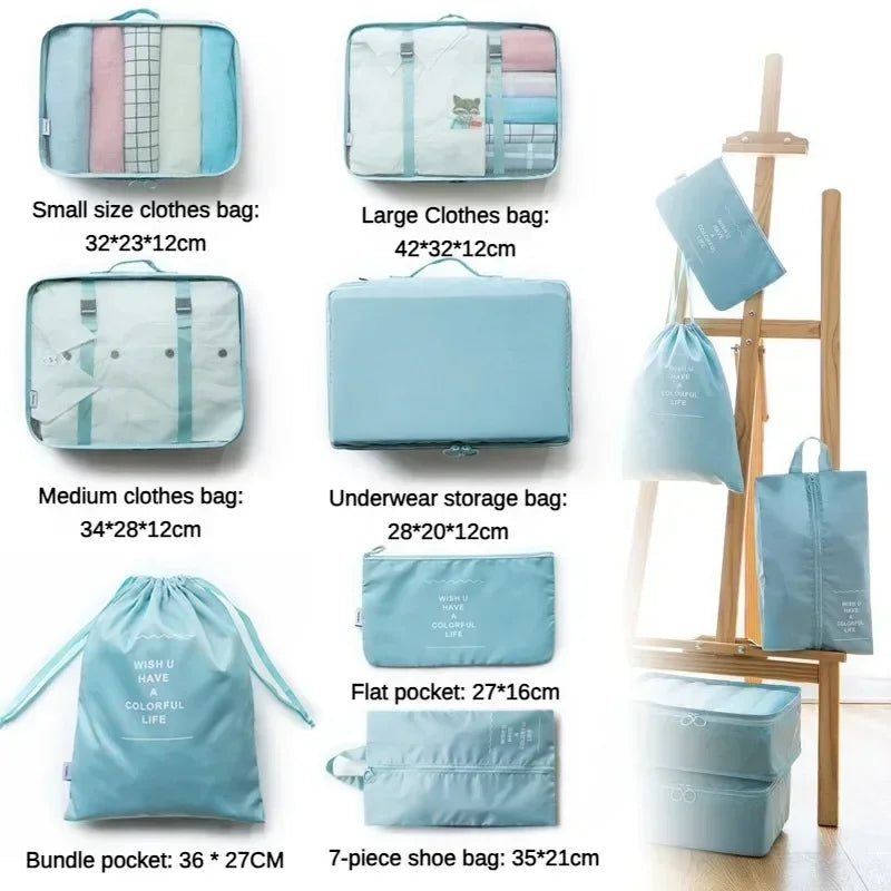 7PCS Conjunto de bolsa de viaje, zapatos, ropa, bolsas de almacenamiento, organizador de equipaje, cubos de embalaje, conjunto de bolsas portátiles para dormitorios de estudiantes, ropa.