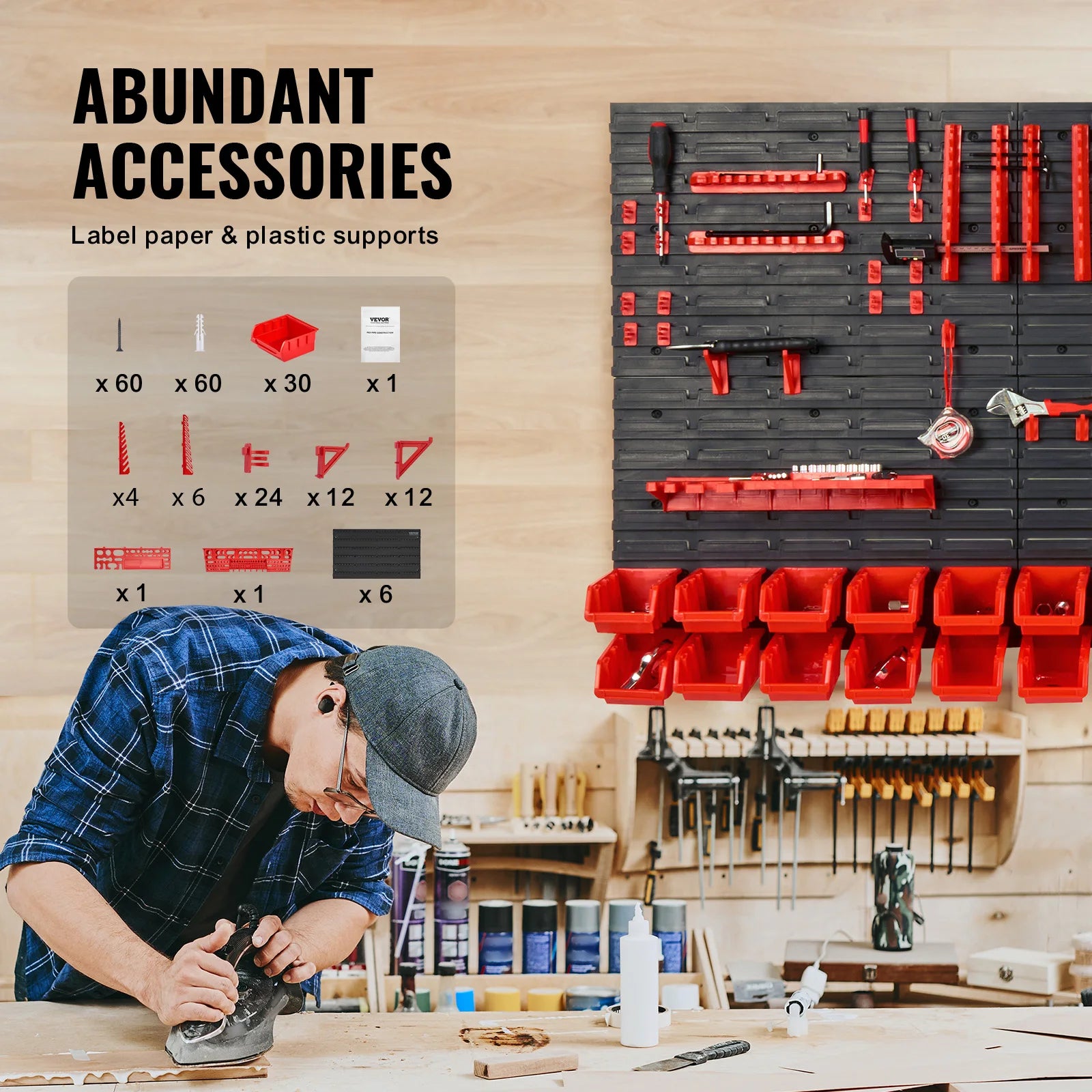 SucceBuy Wall Mounted Storage Bins 30/48Bin Parts Rack Organizer Garage with Wall Panels Hooks Plastic Shop Tool for Screw Nails
