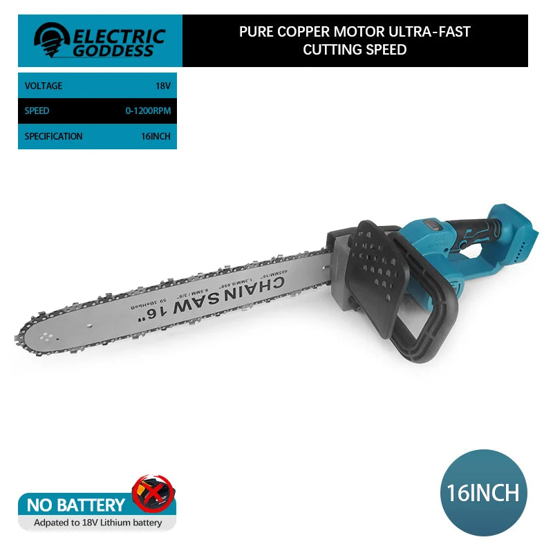 Sierra de cadena eléctrica sin escobillas Electric Goddess de 16 pulgadas, herramienta eléctrica de mano para cortar madera, compatible con batería Makita de 18 V.