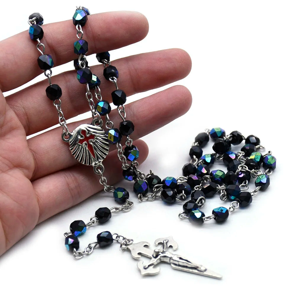 Santiago Rosary Necklace Long Metal Shell Cross Pendant Crystal Beads For Men Women