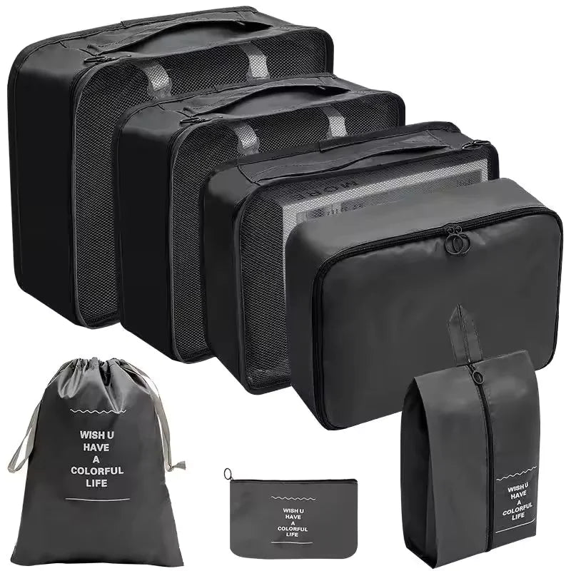 7PCS Conjunto de bolsa de viaje, zapatos, ropa, bolsas de almacenamiento, organizador de equipaje, cubos de embalaje, conjunto de bolsas portátiles para dormitorios de estudiantes, ropa.