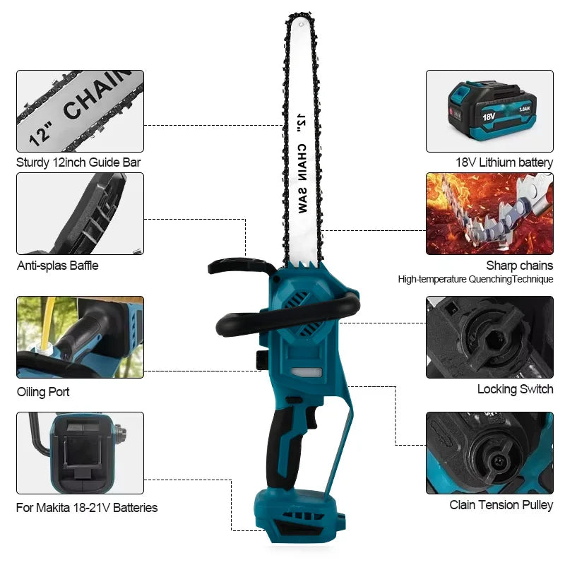 Motosierra eléctrica inalámbrica azul de 12 pulgadas, 600 W, de mano, sin escobillas, para carpintería, herramienta eléctrica para batería Makita de 18 V.