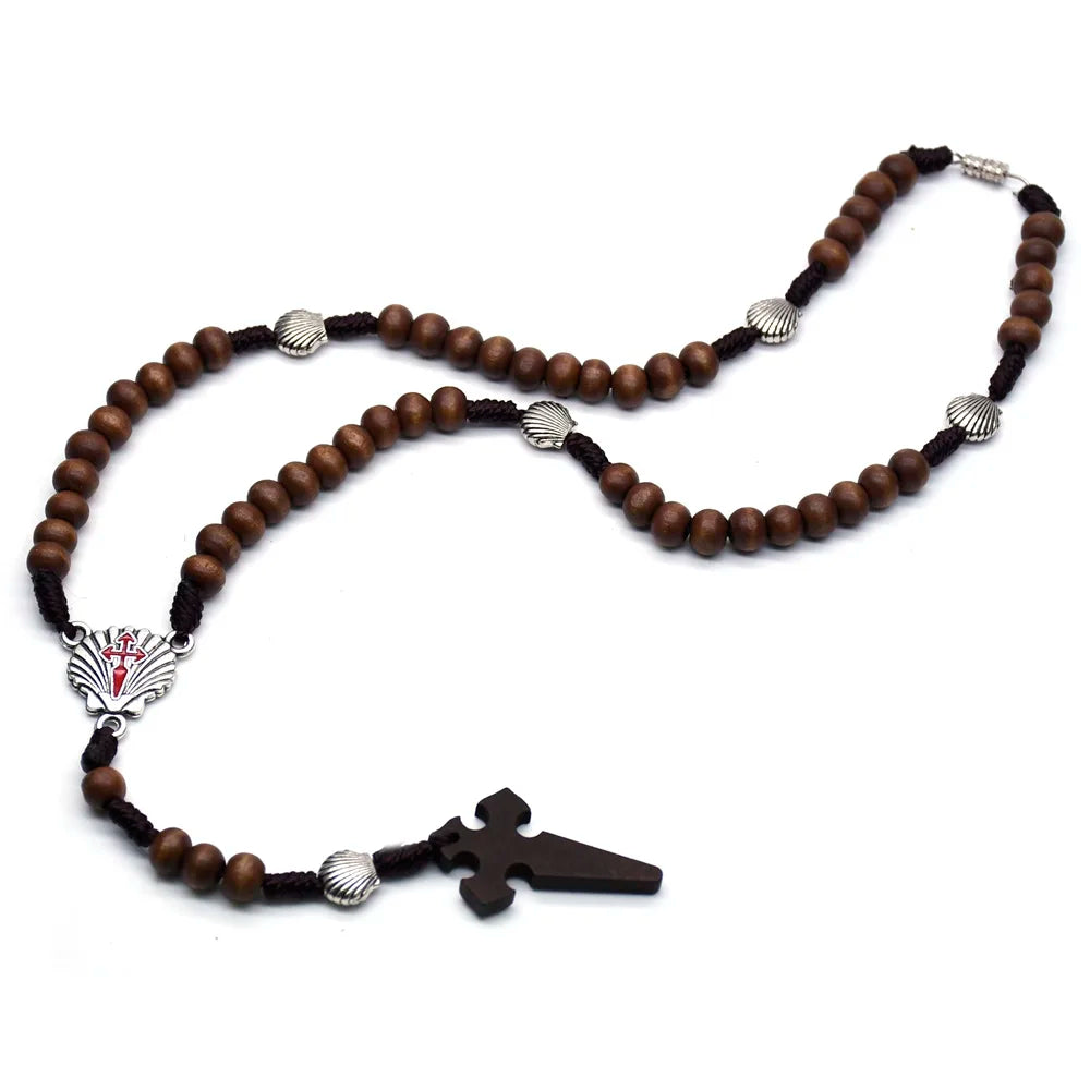QIGO Santiago Shell Rosary Necklace Wood Beads Strand Chain Religious Jewelry