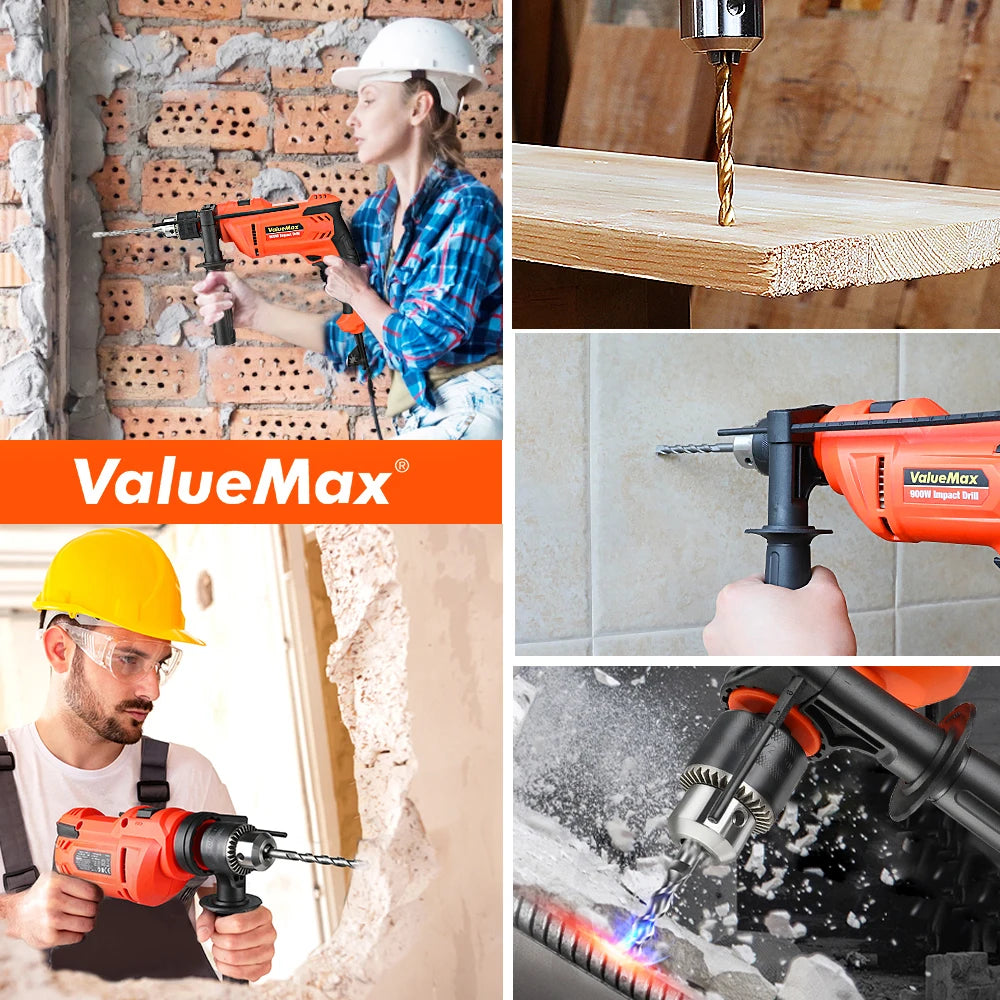 VALUEMAX 900W Electric Impact Drill Multi-function Adjustable Speed Wood Metal Stone Cutting Household Wall Hole Drilling Tools