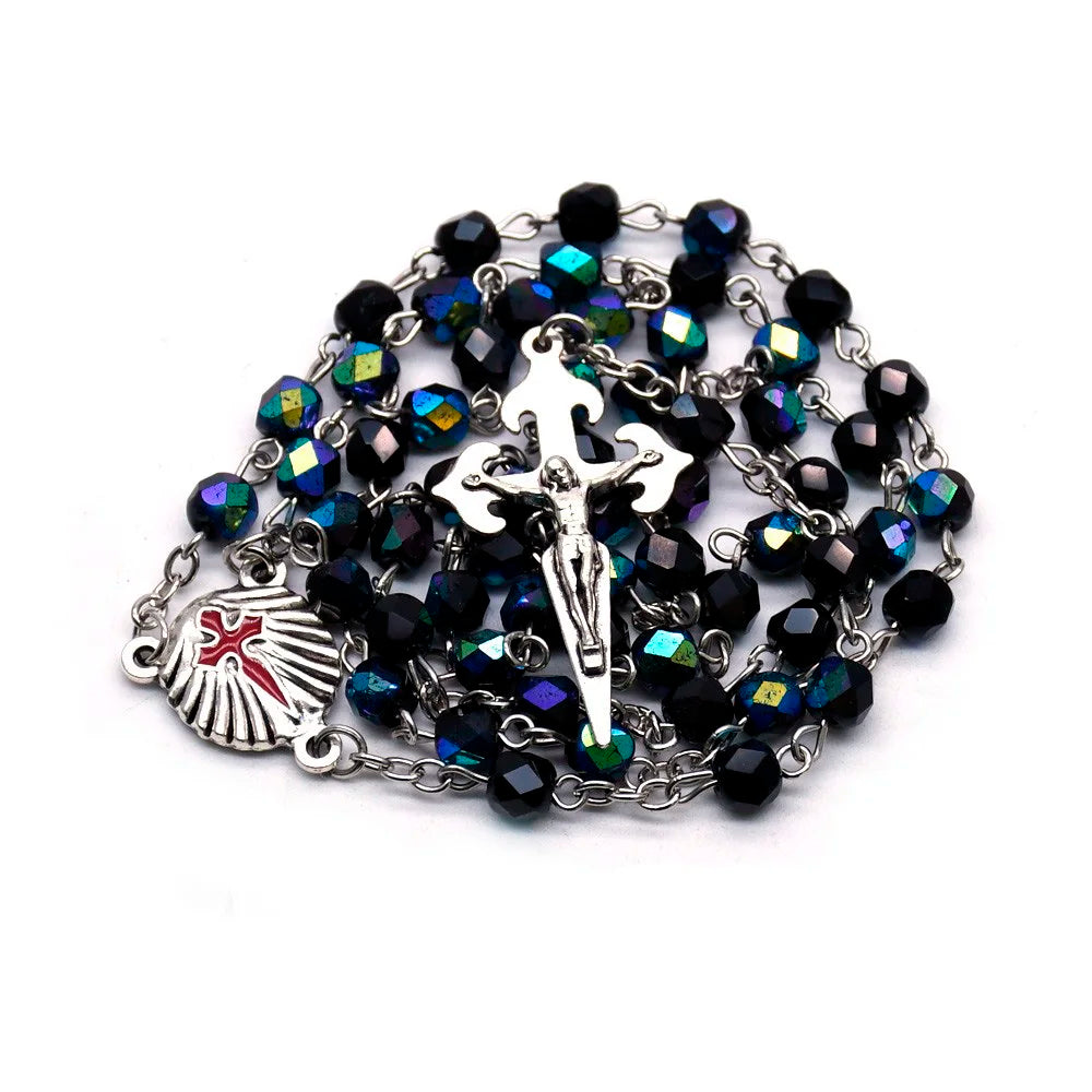 Santiago Rosary Necklace Long Metal Shell Cross Pendant Crystal Beads For Men Women