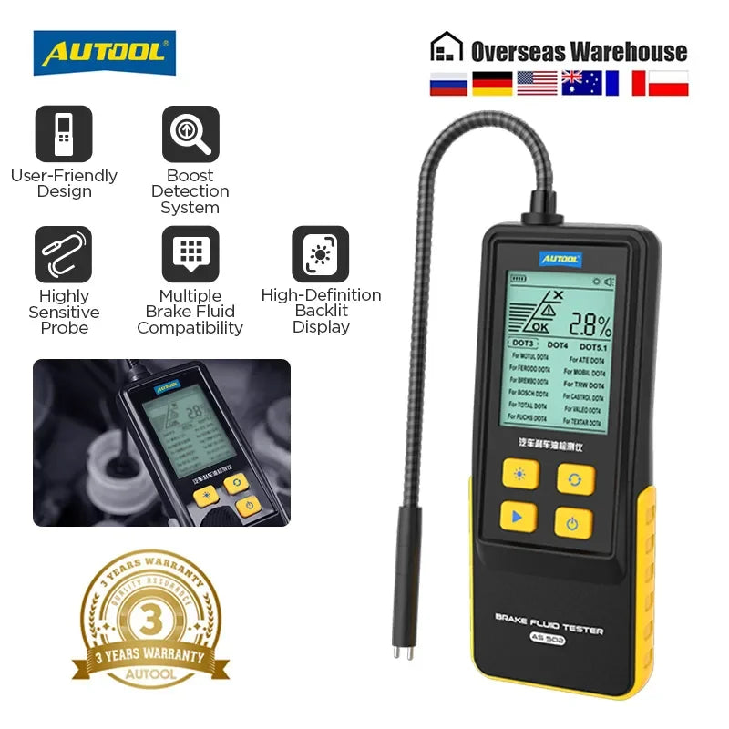 AUTOOL AS502 Comprobador de líquido de frenos, comprobador de aceite de frenos automotriz compatible con DOT3/DOT4/DOT5.1/ENV4/ENV6 ATE/TRW/BOSCH/MOBIL