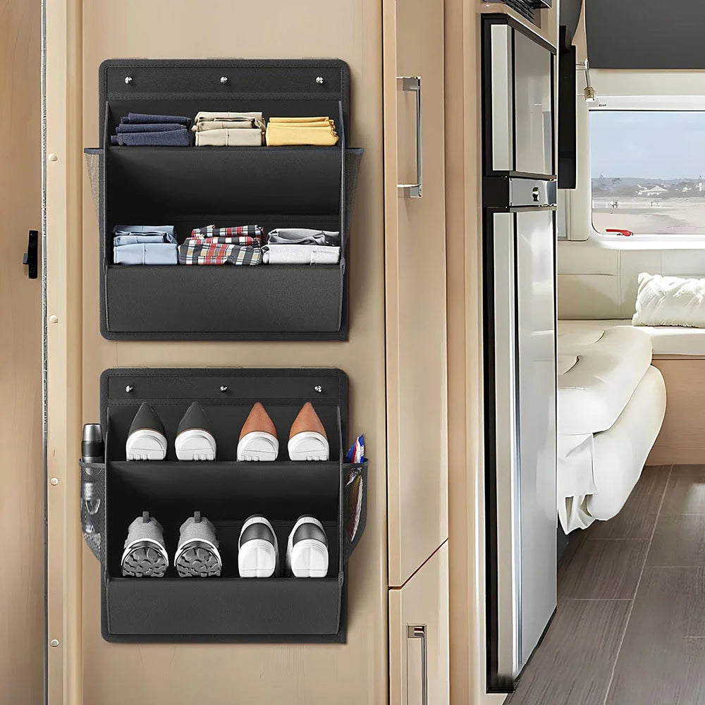 Organizador para colgar sobre la puerta, bolsa de almacenamiento de zapatos, múltiples bolsillos, montaje en pared para RV, sin herramientas, ahorro de espacio, utilidad