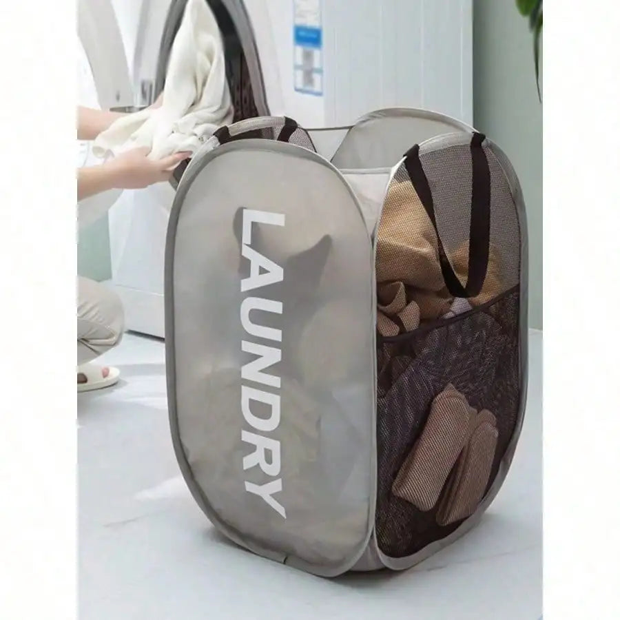 1pc Foldable Mesh Laundry Hamper With Handle Popup Dirty Clothes Basket WASH ME/LAUNDRY DRY for Bathroom Household