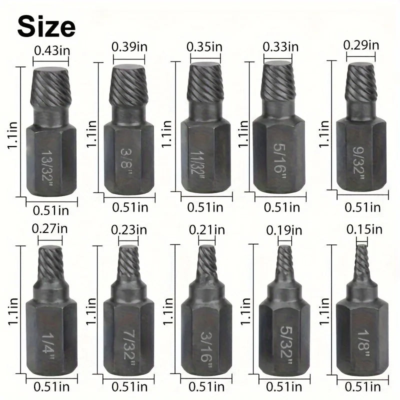 10Pcs Juego de extractores de tornillos con vástago hexagonal de múltiples estrías, extractor de pernos rotos, kit de herramientas para extraer tornillos dañados