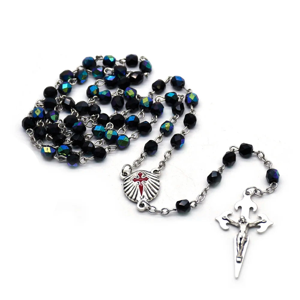Santiago Rosary Necklace Long Metal Shell Cross Pendant Crystal Beads For Men Women