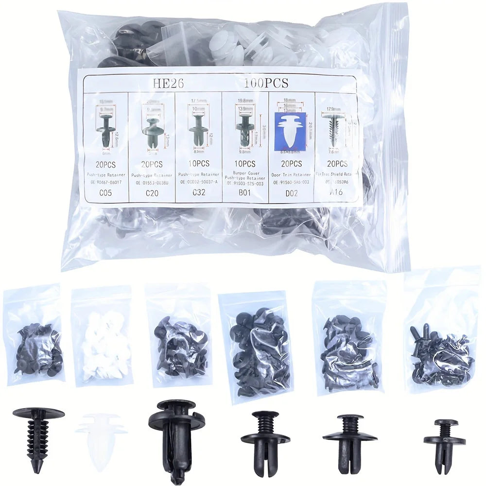 100Pcs Clips de retención de parachoques, clips para automóvil, remaches de plástico, sujetadores, kit de retención a presión, el más popular, juego de remaches de pasador de empuje para automóvil de 6 tamaños.