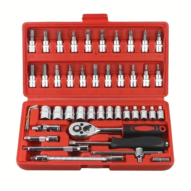 46pcs Kit de herramientas de reparación de automóviles, llave dinamométrica de trinquete, llave inglesa, destornillador, juego de vasos, kit de herramientas combinadas, herramienta de reparación de automóviles para bicic