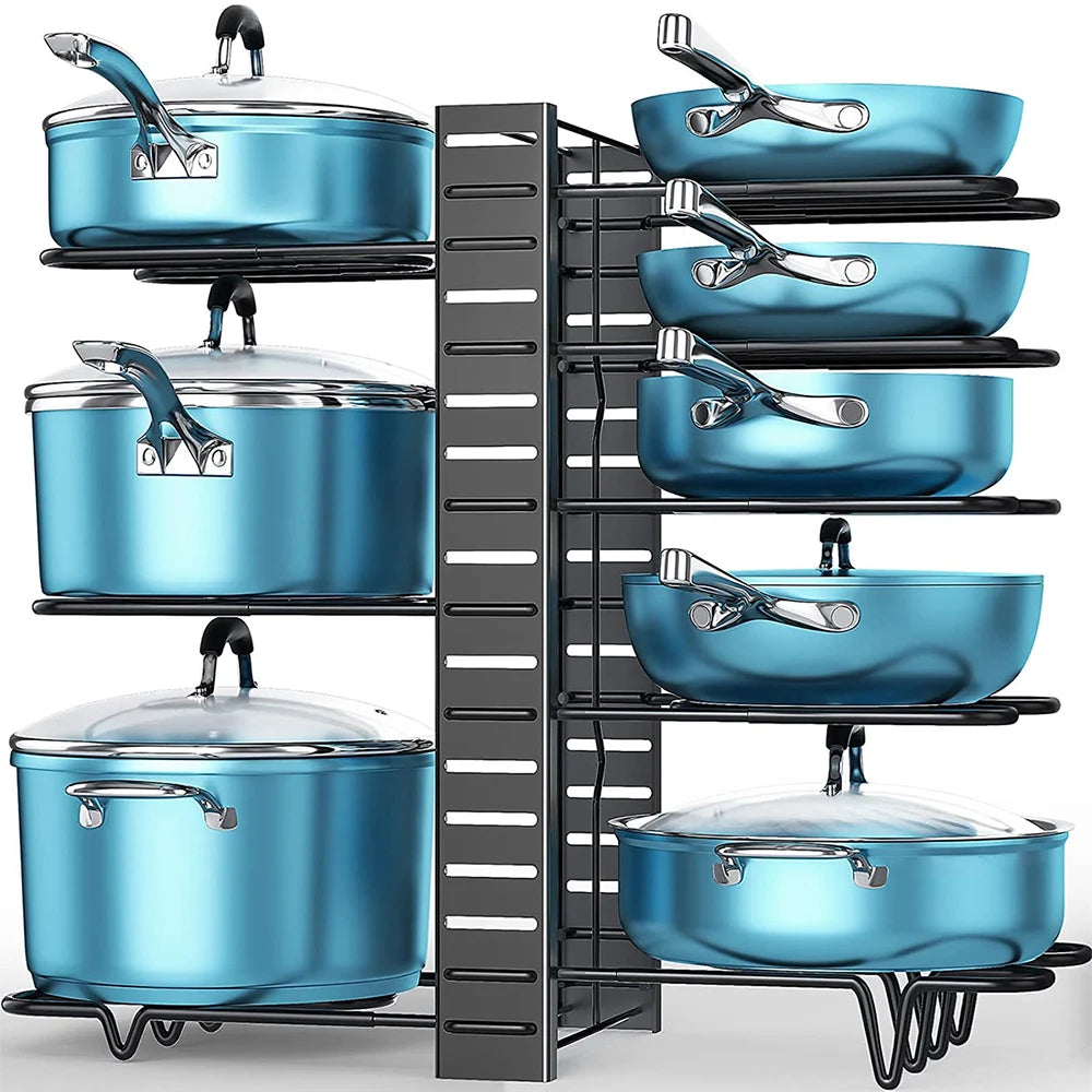 Organizador de ollas y sartenes de 8 niveles, 3 métodos de bricolaje, armario ajustable, despensa, ollas, tapas, almacenamiento, organización de cocina
